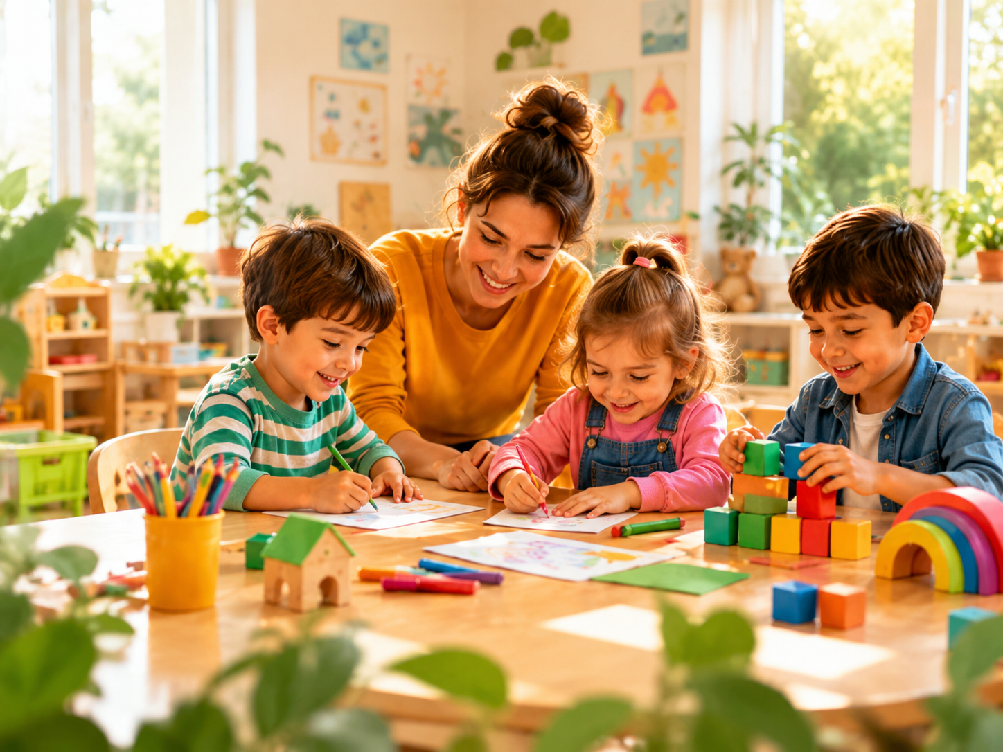 Teacher and children learning together in a warm kindergarten classroom
