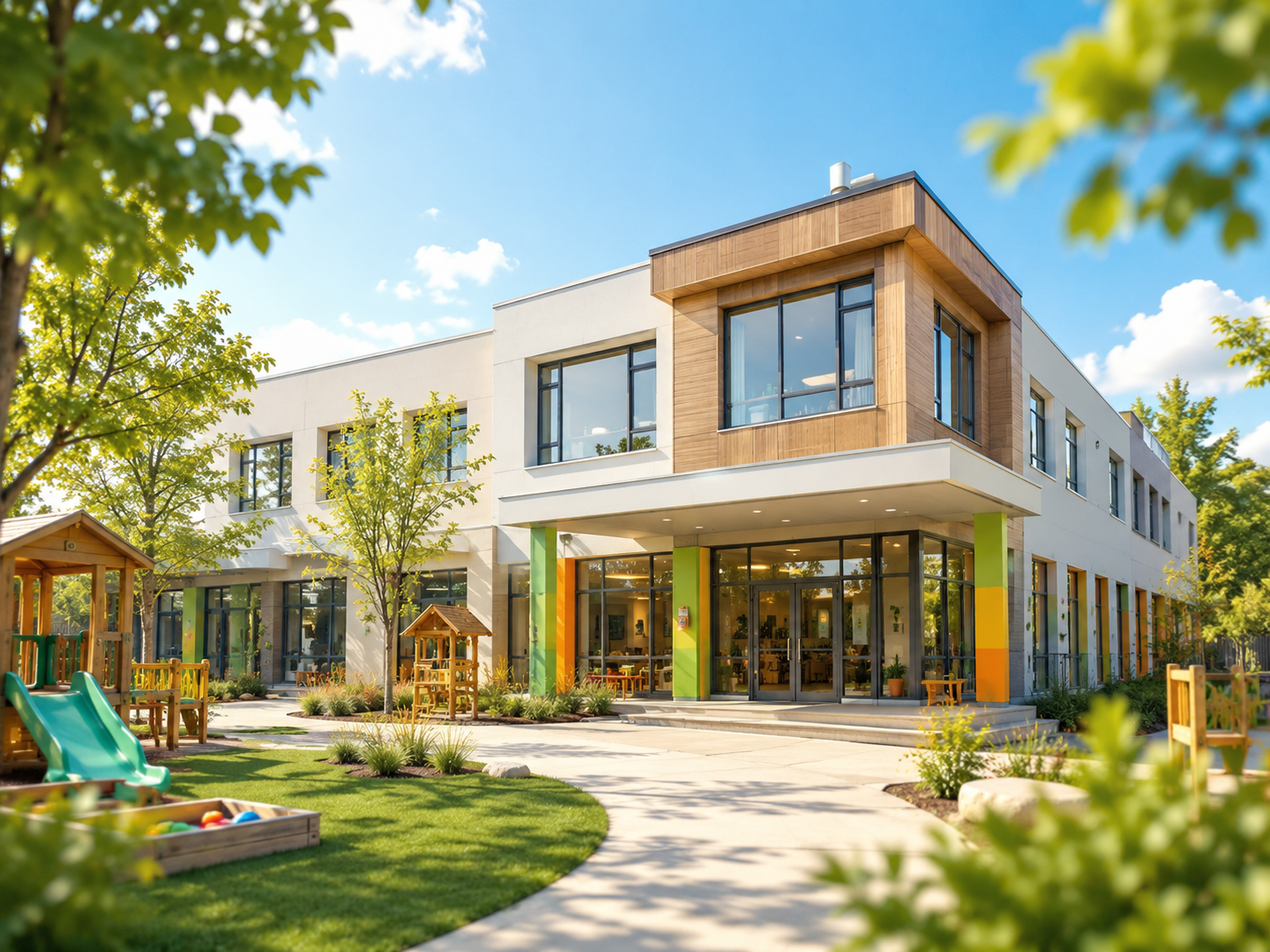 Modern kindergarten center exterior and outdoor play area