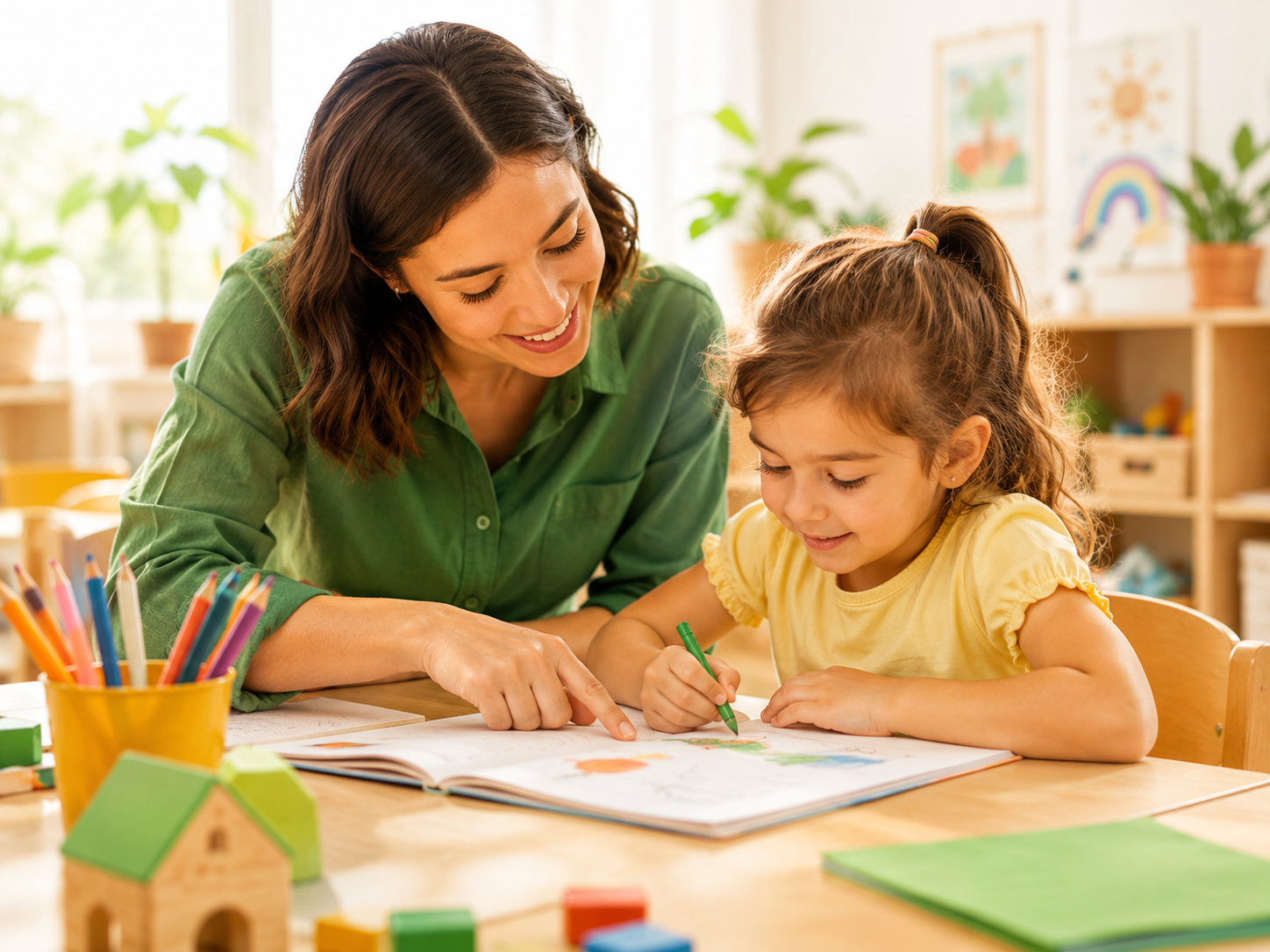 Teacher helping a child with a classroom learning activity